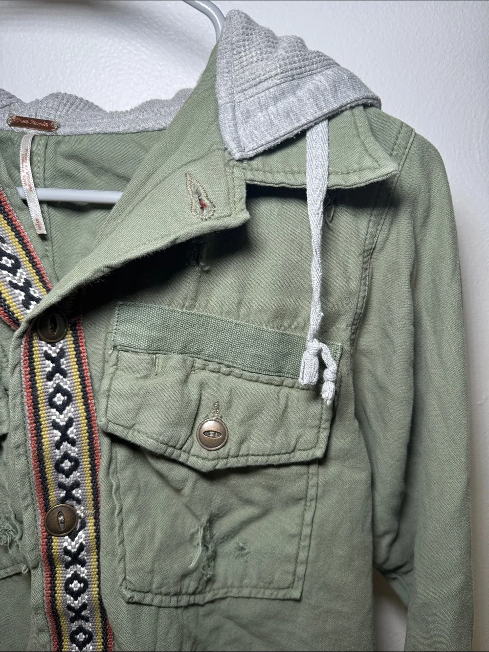 Free people Olive Green Hooded Jacket with Embroidered Trim size S - Picture 5 of 9